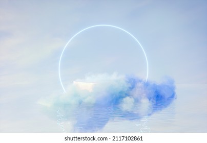 Natural Beauty Podium Backdrop For Product Display With Dreamy Cloud And Neon Light Background. Romantic 3d Seascape Scene.