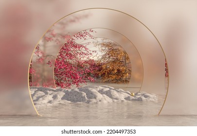 Natural Beauty Podium Backdrop For Product Display With Autumn Maple Forest Scene. 3d Rendering.