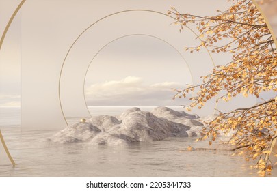 Natural Beauty Podium Backdrop For Product Display With Autumn Maple Forest Scene. 3d Rendering.