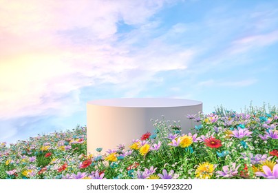 Natural Beauty Podium Backdrop With Spring Flower Field Scene. 3d Rendering. 