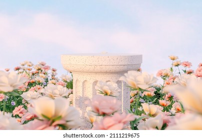 Natural beauty podium backdrop and spring rose flower field scene  3d rendering  