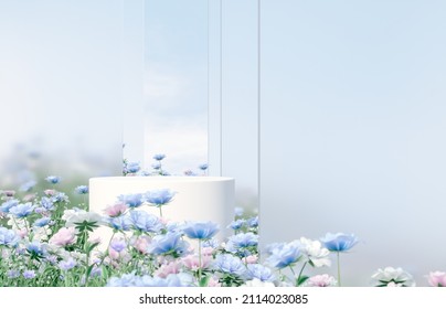 Natural Beauty Podium Backdrop With Spring Rose Flower Field Scene. 3d Rendering. 