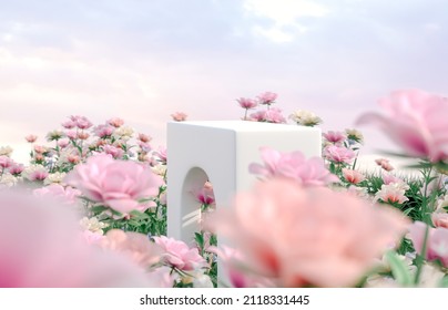 Natural Beauty Podium Backdrop With Spring Rose Flower Field Scene. 3d Rendering. 