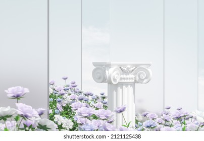 Natural Beauty Podium Backdrop With Spring Rose Flower Field Scene. 3d Rendering. 