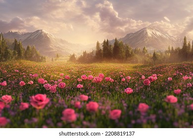 Natural beauty podium backdrop with spring rose flower field. 3D Illustration - Shutterstock ID 2208819137
