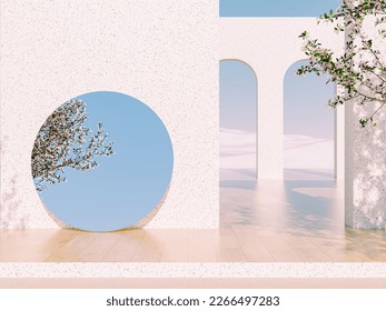 Natural beauty podium backdrop and spring sakura cherry blossom tree  3d rendering 