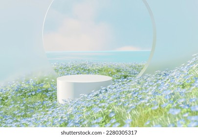 Natural beauty podium backdrop and spring blue flowers landscape scene  3d rendering 