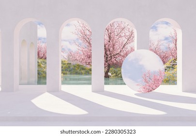 Natural beauty podium backdrop and spring sakura cherry blossom landscape scene  3d rendering 