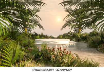 Natural Beauty Podium Backdrop With Summer Tropical Plants. 3d Rendering.