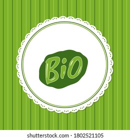 Natural Bio Product Green Label Isolated On Striped Background. Raster Sticker Of Healthy Vegetarian Nutrition Or Brand, Emblem With Eco Organic Food. Menu Logo On Green Abstract Watercolor Lable