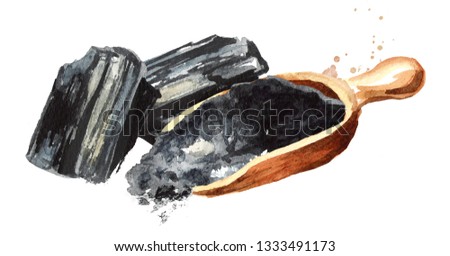 Natural charcoal. Large pieces and powder. Watercolor hand drawn illustration  isolated on white background