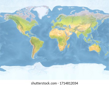 natural colored topographic world map with hand drawn shaded relief