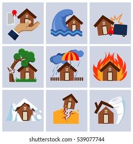 Natural Disaster Insurance, House Insurance Business Service Icons. Flood And Fallen Tree On Roof Illustration