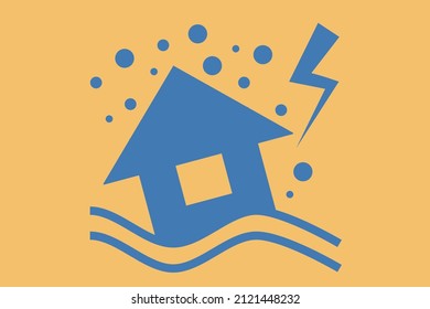 Natural Disasters Icon. Environmental Disaster, Flood, Heavy Rain, Hail, Storm, Destroyed House. Climate Change Impact And Effect Icon.