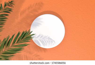 Natural Empty White Cylinder Box On Orange Concrete Floor Background With Tropical Palm Leaves. For Product Display. Flat Lay. Top View. 3d Render.