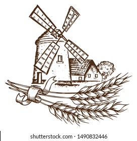 Natural Farm. Agriculture. Windmill,spikes, mill logo or label. Farm, agriculture, bakery, bread icon. Vintage vector illustration dark line white background - Powered by Shutterstock