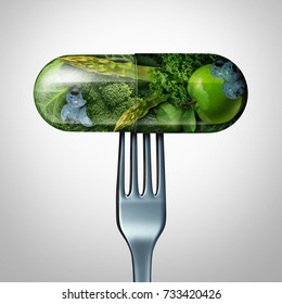 Natural Food Supplement Concept As A Pill Or Medicine Capsule With Fresh Fruit And Vegetables Inside On A Fork As A Nutrition And Dietary Vitamin Symbol For Good Eating Health With A 3D Render.