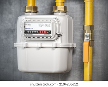 Natural Gas Meter With Tubes On The Wall. 3d Illustration