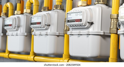 Natural Gas Meters Iin A Row. Household Energy Consumption. 3d Illustration