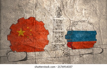 Natural Gas And Oil Transit From Russia To China Concept. Gas Rig, Gears And Pipe. National Flags