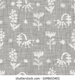 Natural  gray french woven linen texture background. Old ecru flax daisy motif seamless pattern. Organic yarn close up weave fabric for all over print. Greige flower block print cloth textured canvas