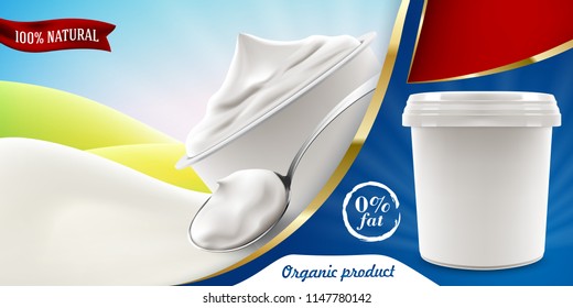 Natural Greek Yogurt Or Ice-cream Ads Flyer With Spoon Of Yoghurt Or Cream And Blank Packaging Container Realistic Illustration.Bitmap Copy.