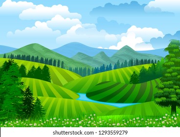 青い空の自然の風景 背景に山 緑の丘 木 川 イラトス 背景 壁紙 またはカスタムメッセージの統合に最適です のイラスト素材 Shutterstock