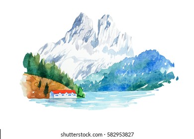 Natural landscape mountains and river watercolor illustration