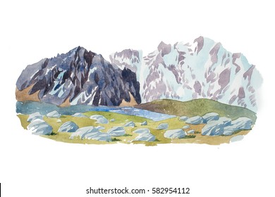 Natural landscape mountains and stones watercolor illustration.