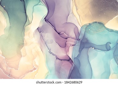 Natural  Luxury Abstract Fluid Art Painting In Alcohol Ink Technique. Tender And Dreamy  Wallpaper. Mixture Of Colors Creating Transparent Waves And Golden Swirls. For Posters, Other Printed Materials