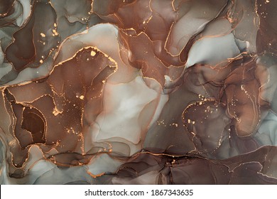 Natural  Luxury Abstract Fluid Art Painting In Alcohol Ink Technique. Tender And Dreamy  Wallpaper. Mixture Of Colors Creating Transparent Waves And Golden Swirls. For Posters, Other Printed Materials