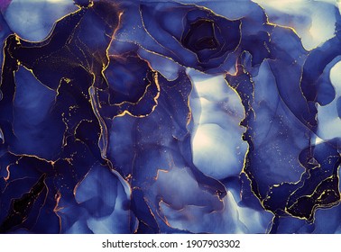 Natural  Luxury Abstract Fluid Art Painting In Alcohol Ink Technique. Tender And Dreamy  Wallpaper. Mixture Of Colors Creating Transparent Waves And Golden Swirls. For Posters, Other Printed Materials