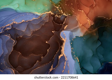 Natural  Luxury Abstract Fluid Art Painting In Alcohol Ink Technique. Tender And Dreamy  Wallpaper. Mixture Of Colors Creating Transparent Waves And Golden Swirls. For Posters, Other Printed Materials