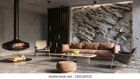 Natural Mountain Rock Wall In Modern Living Room Interior, 3d Render 