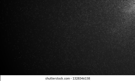 Natural organic dust particles floating on a black background. Glittering sparkling particles randomly rotate. White dynamic particles. Particles flickering in space 3d illustration