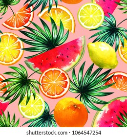 Natural pattern with tropical red watermelon, citrus fruits sclices and green palm tree leaves on pink. Watercolor floral seamless texture for fashion print design, summer banner for hawaiian party
