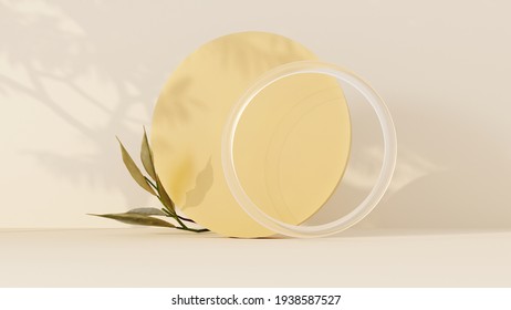 Natural podium  stand pastel light stucco background and plant   shadow the wall    3D render  Abstract  minimal showcase for exhibitions  presentation products  relaxation   health 