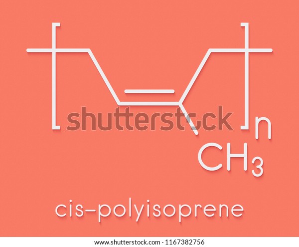 Natural rubber (cis-1,4-polyisoprene),\
chemical structure. Used to manufacture surgeons\' gloves, condoms,\
boots, car tires, etc. Skeletal\
formula.