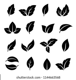 natural set of abstract black leaf icons on white background