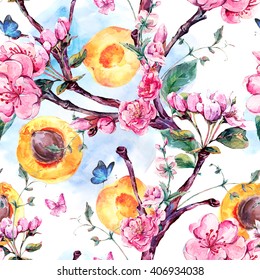 Natural spring watercolor seamless pattern with fruits and flowers apricot tree branches, isolated decorative botanical illustration with flowers, and butterflies