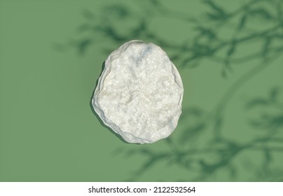 Natural Stone Plate With Foliage Shadow Background For Product Display. Flat Lay. Top View. 3d Rendering.