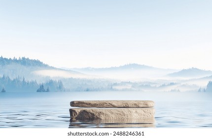 Natural stone podium placed amidst water waves, set against a serene misty mountain background. Perfect for highlighting a range of beauty products, including skincare and cosmetics. - Powered by Shutterstock