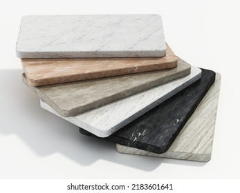 Natural stone samples with various texture options. 3D illustration.