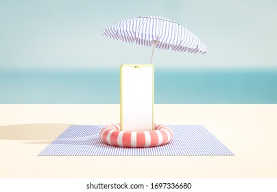 Natural Summer Beach Backdrop With Smart Phone Mock Up. Abstract 3d Summer Scene. Sea View. Online Shopping Concept.