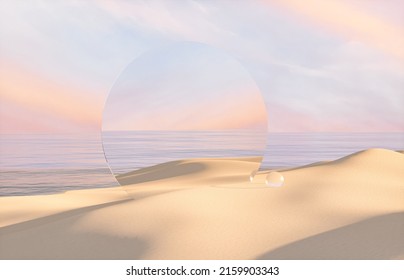 Natural Summer Beach Scene With A Podium For Product Display. 3d Rendering.