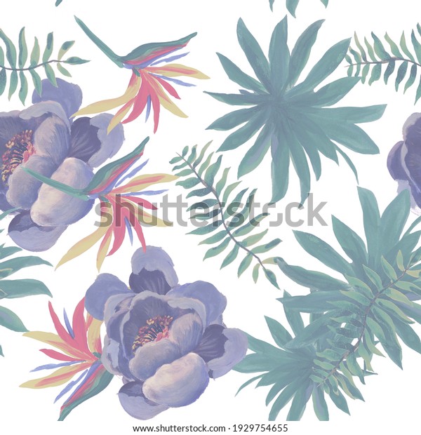 Natural Tropical Palm. Gray\
Seamless Palm. Blue Pattern Textile. Cobalt Flower Hibiscus. Green\
Drawing Textile. Decoration Exotic. Wallpaper\
Background.