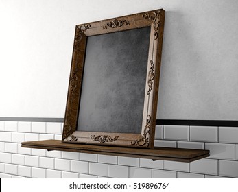 Natural Wood Baroque Style Picture Frame With Black Blank Canvas On Wooden Desk And Empty Wall Background.Concept Of Vintage Object Mockup. Horizontal. 3d Rendering