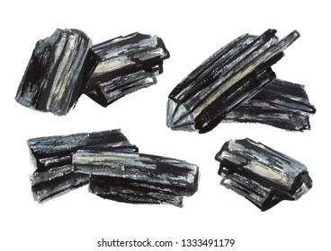 Natural wood charcoal set. Watercolor hand drawn illustration  isolated on white background