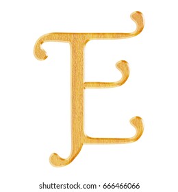 Natural wooden uppercase or capital letter E in a 3D illustration with a light brown wooden color and grain texture with a bevel in a libertine font isolated on a white background with clipping path.