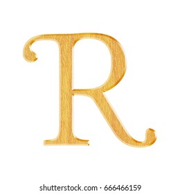 Natural wooden uppercase or capital letter R in a 3D illustration with a light brown wooden color and grain texture with a bevel in a libertine font isolated on a white background with clipping path.